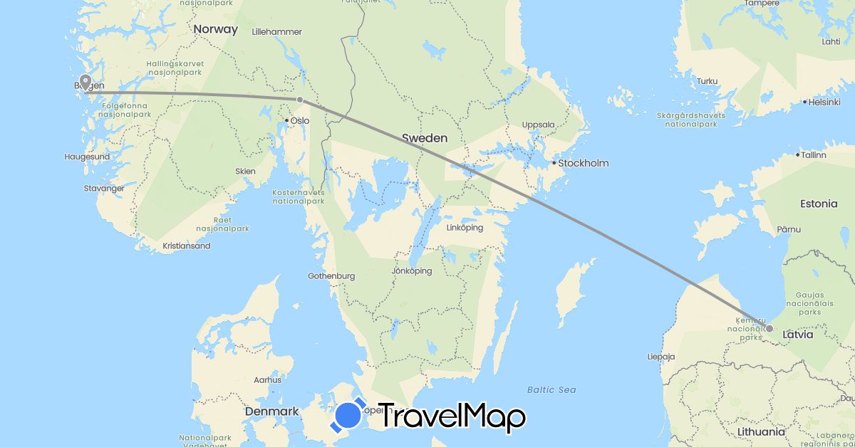 TravelMap itinerary: driving, plane in Latvia, Norway (Europe)